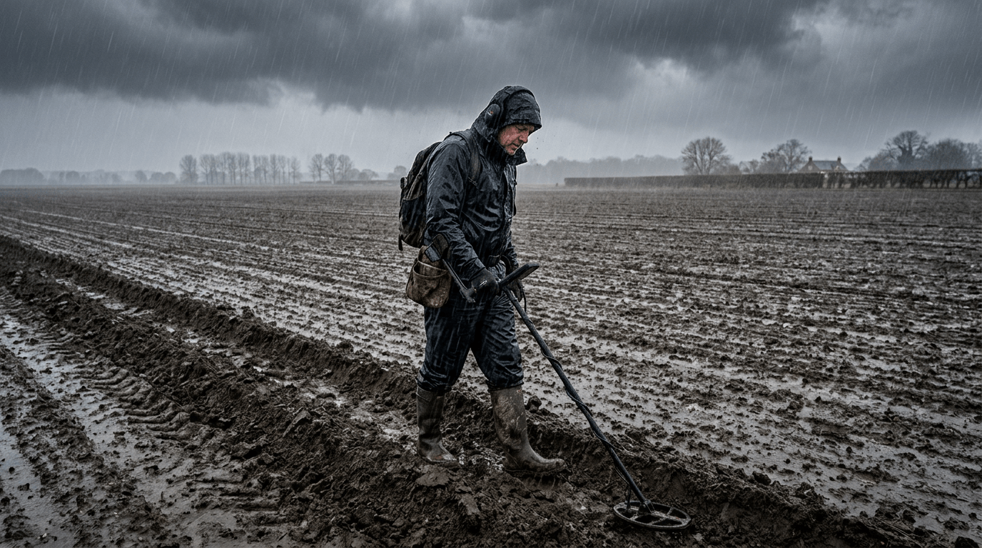 Detectorist in heavy rain flat seeded field